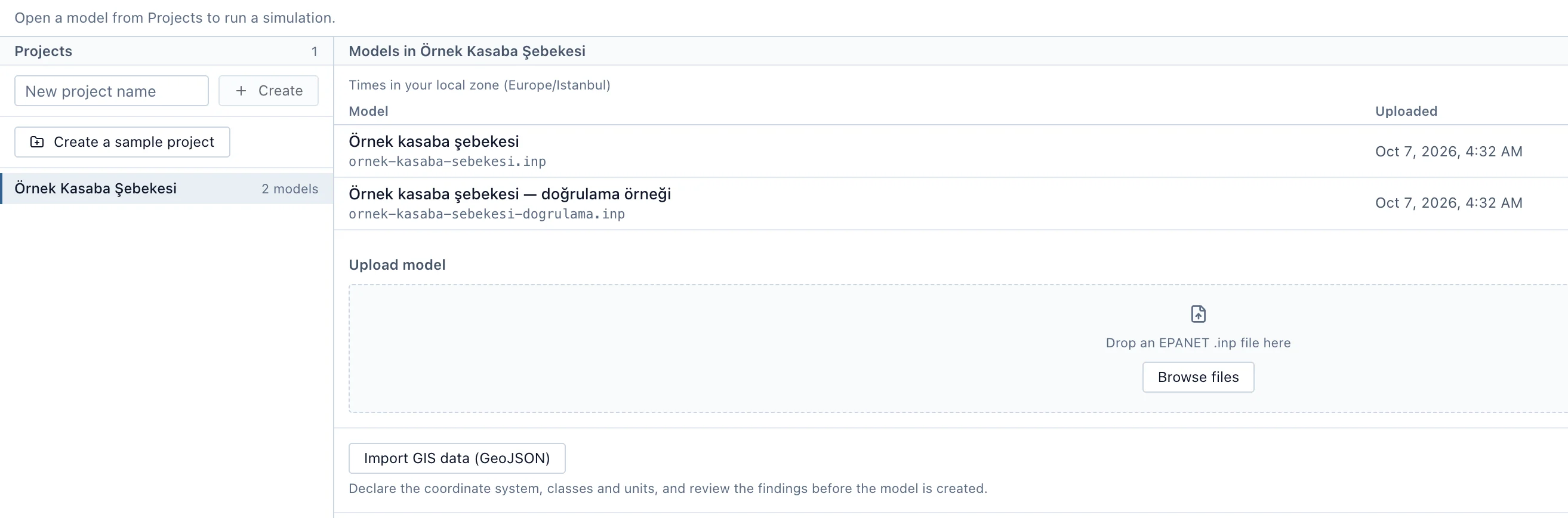 Akarsu project page: the sample town network project and its models.