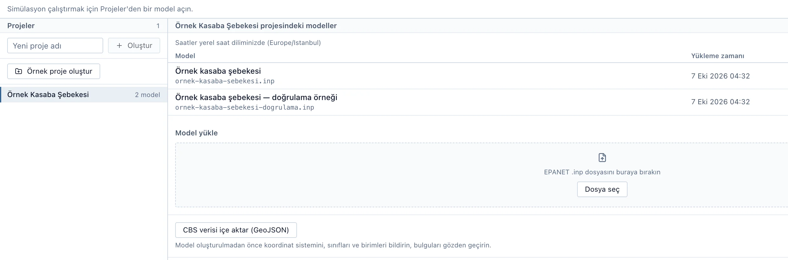 Akarsu proje sayfası: örnek kasaba şebekesi projesi ve modelleri.