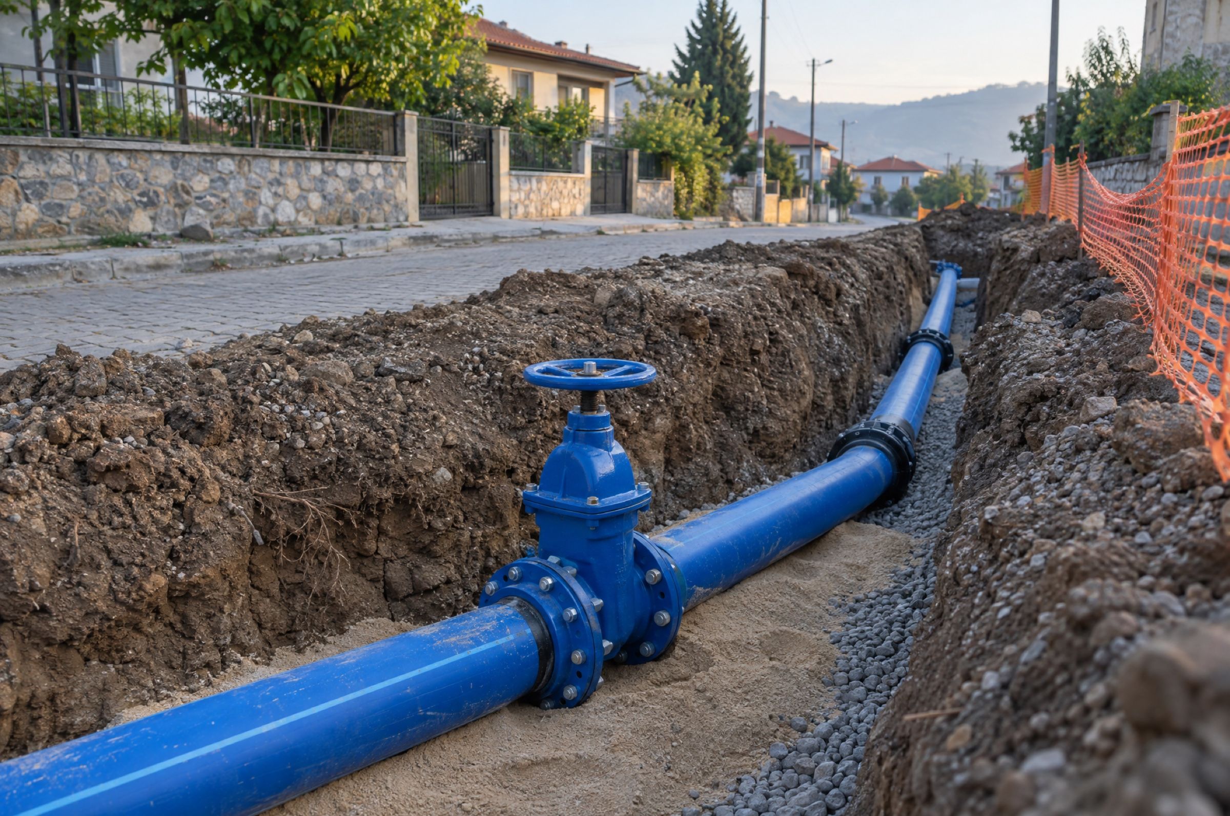 Açılmış bir hendekte yeni döşenmiş mavi içme suyu borusu ve sürgülü vana; arkada konut sokağı.